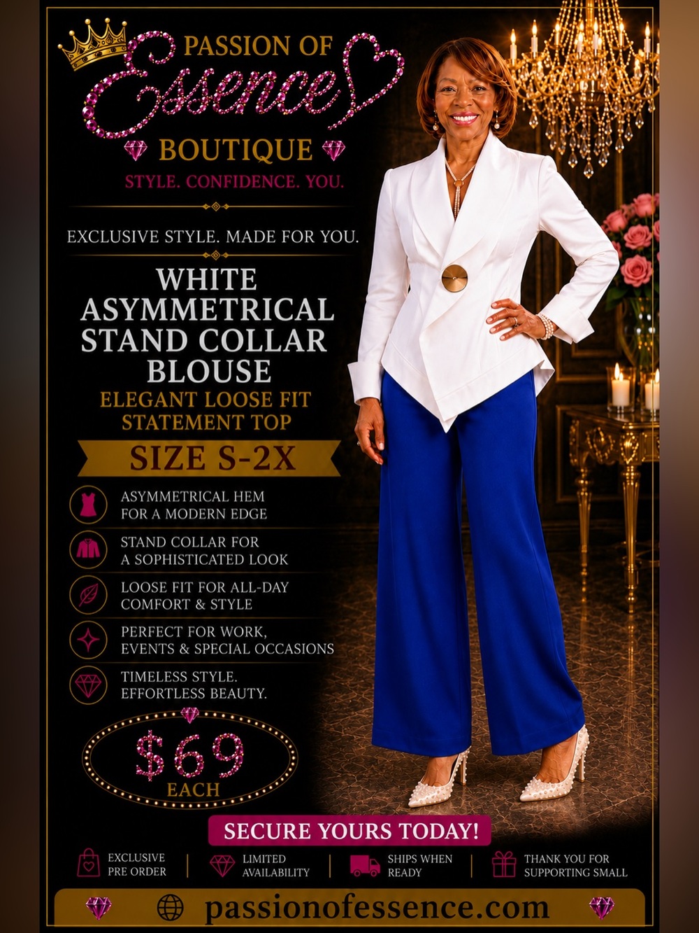White Asymmetrical Stand Collar Blouse – Elegant Loose Fit Statement Top - Picture 2 of 7